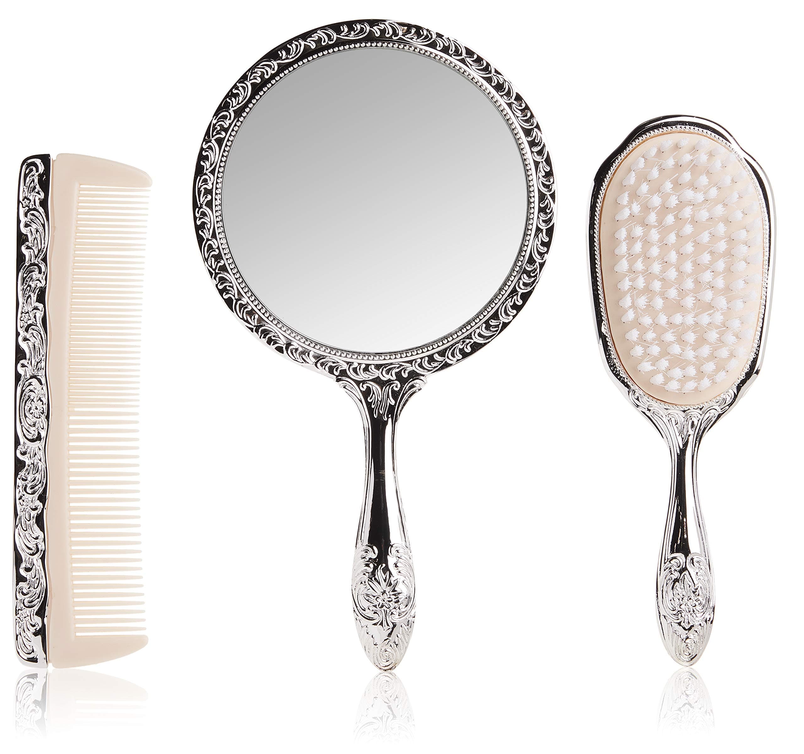 Kingsley 3 pc Silver Chrome Girls Vanity Set (Brush, Comb, Mirror) - Dresser Mount - Vanity Set - Medium (each piece 7-9 inches, mirror 5 inches diameter)
