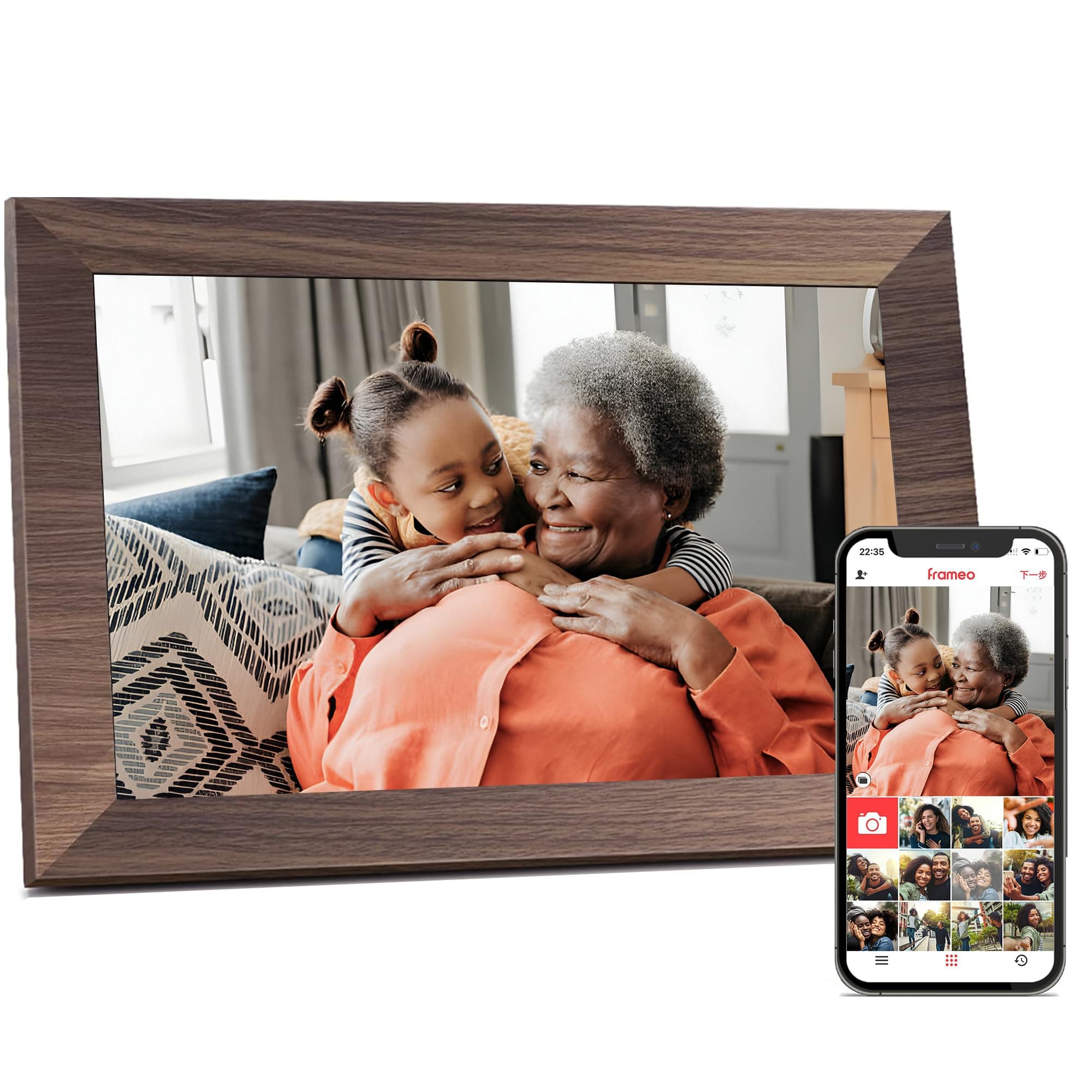 Frameo WiFi Digital Picture Frame, 10.1 Inch 1280 * 800IPS Touch Screen Digital Photo Frame, 16GB Memory, Auto-Rotate, Share Videos Pictures, Birthday Gift for Friend, Family, Wood Color Plastic Frame