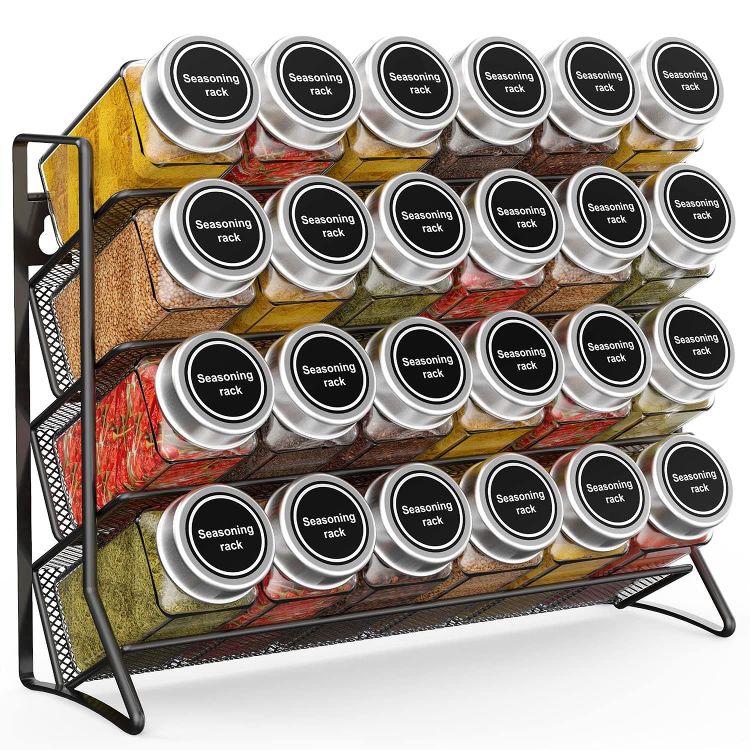 Angju Spice Rack with 24 Spice Jars, 4 Tier Spice Rack Organizer for Cabinet Spice Rack Organizer for 120ml Spice Jar, Spice Rack Wall Mount Black Hanging Spice Rack Spice Storage