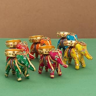 Handcrafted Recycled Material Elephant Tealight Candle Holder Home Decoration Item for Diwali Decor (Multicolor, 8 X 5 X 10 Cm) - Pack of 6