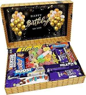 Happy Birthday Sweets and Chocolate Gift Box Pick n Mix Sweets Chocolate Hamper in Wicker Style Printed Box | Gift Box for All | 360gm Sweet & 12 Standard Bars