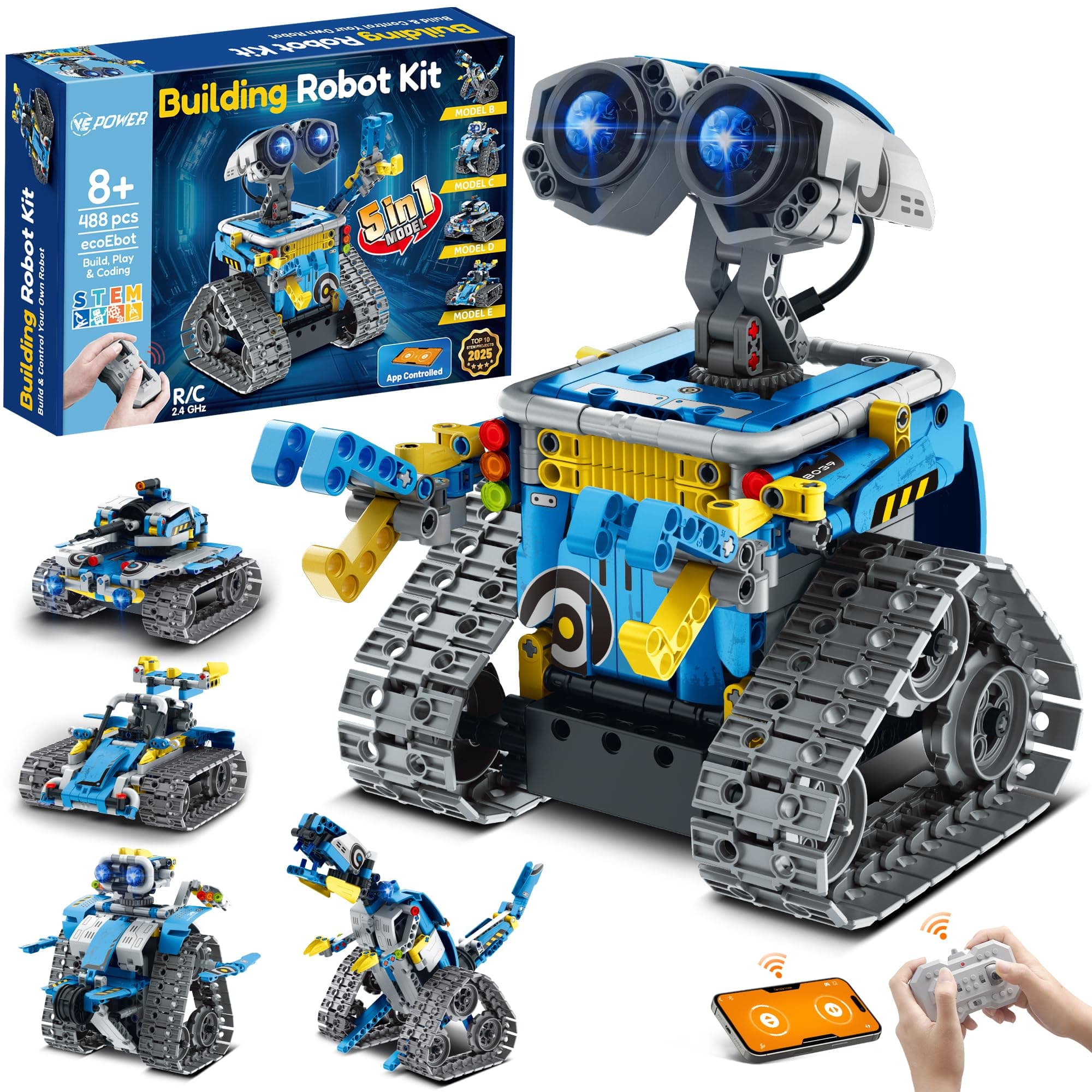5in1 STEM Robot Building Set for Kids, Remote & App Controlled Robotics Educational Coding Creator Technic Toys, Creative Gifts for Boys Girls Aged 6 7 8-13 (488 Pieces)