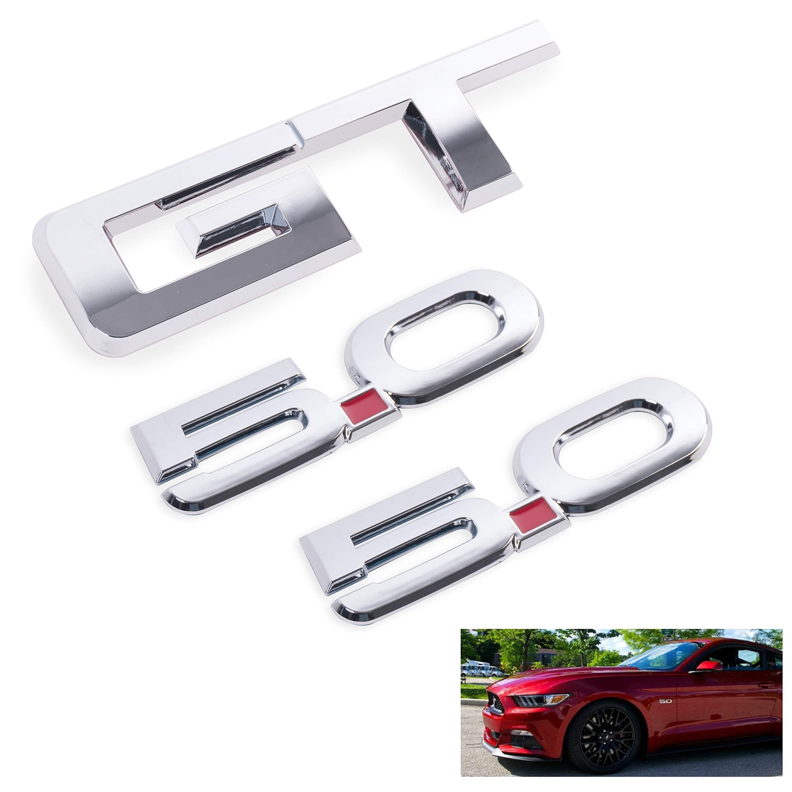 GT Emblem + 5.0 Emblem x 2 for Ford Mustang Badge Decal (Silver)