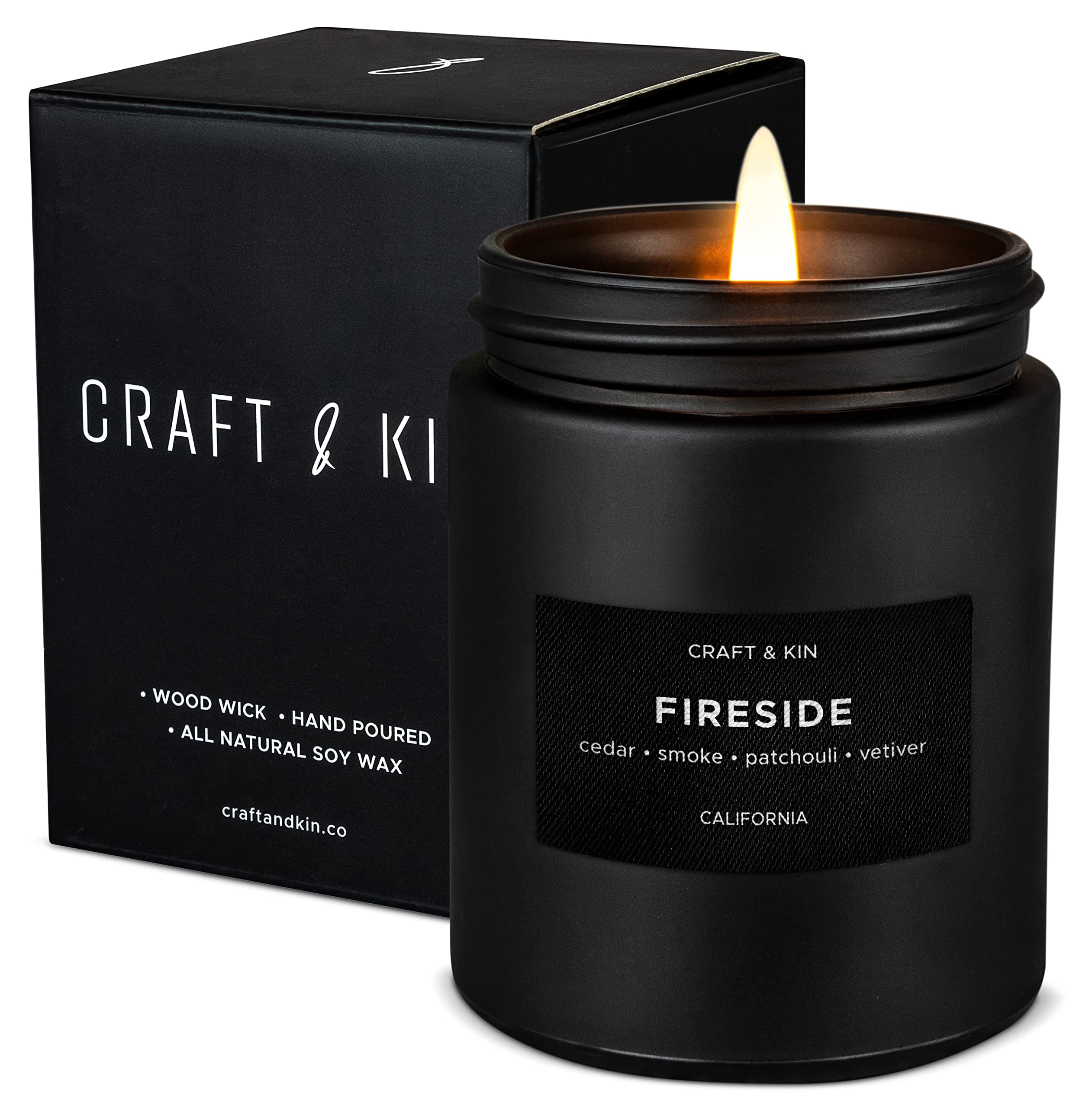 Craft & Kin Scented Candle for Men | Fireside Scent | Large Modern Black Jar Candle