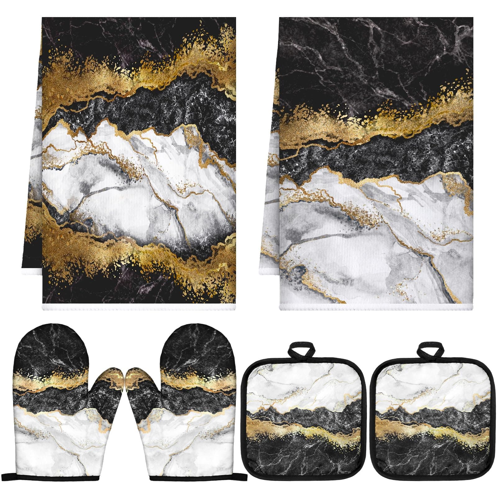 Sratte 6 Pcs Christmas Marble Theme Kitchen Towels Christmas Tree Pot Holders and Oven Mitts Sets 2 Pcs Kitchen Towels 2 Pcs Heat Resistant Pot Holder 2 Pcs Kitchen Gloves for Kitchen Baking Cooking