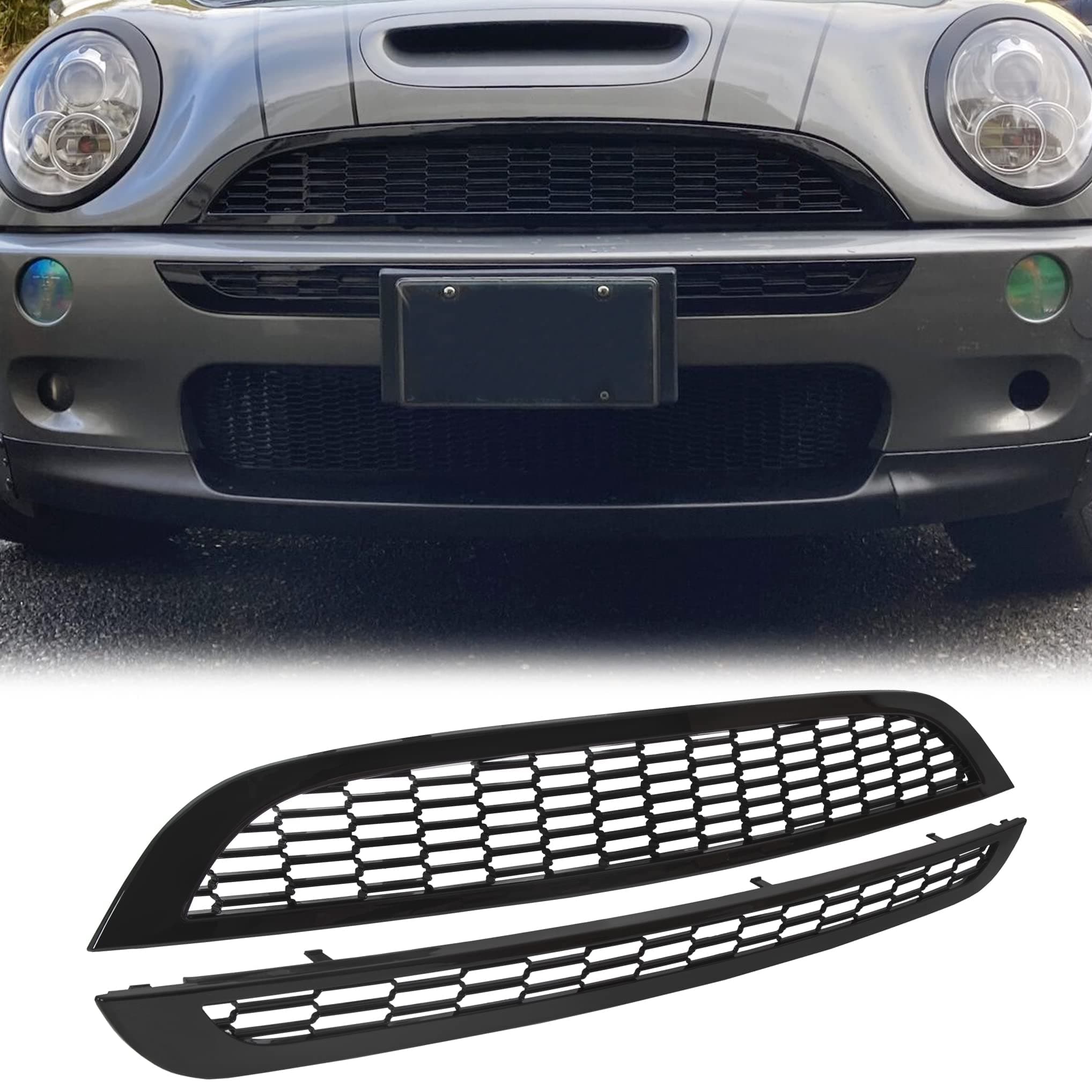 Front Upper & Lower Grill Compatible with 2002-2006 Mini Cooper R50 R52 R53 Bumper Hood Honeycomb Mesh Grille Glossy Black 2PCS