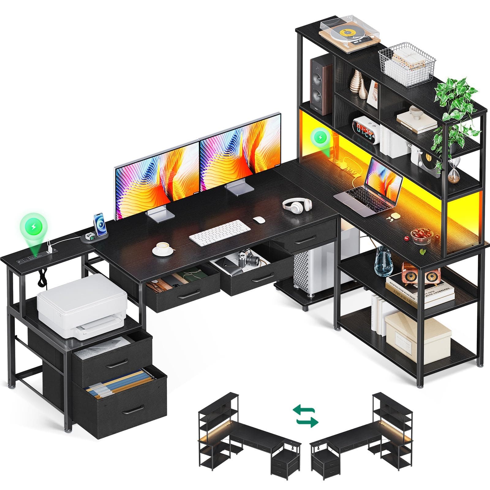 AODK 71 inch L Shaped Desk with 5 Drawers, Reversible L Shaped Gaming Desk with LED Light & 2 Power Outlets, Computer Desk with Storage Shelves for Home Office, Black