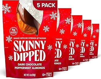 SkinnyDipped Dark Chocolate Peppermint Almonds, Healthy Snack, Plant Protein, Gluten Free, 3.5 oz Resealable Bags, Pack of 5