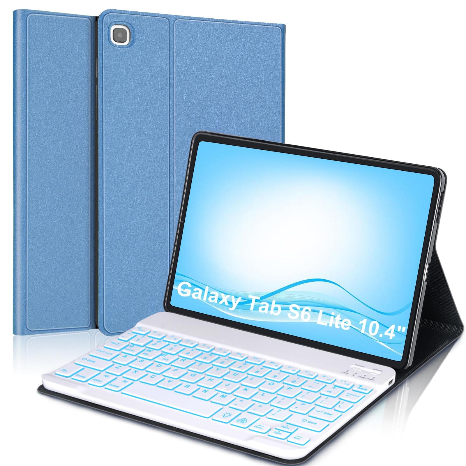 Samsung Galaxy Tab S6 Lite 10.4 Inch 2022/2020 Case with Keyboard, Smart 7 Colors Backlight and Detachable Wireless Bluetooth Keyboard & PU Folio Stand Cover for Tab SM-P610/P613/P615/P619, Blue