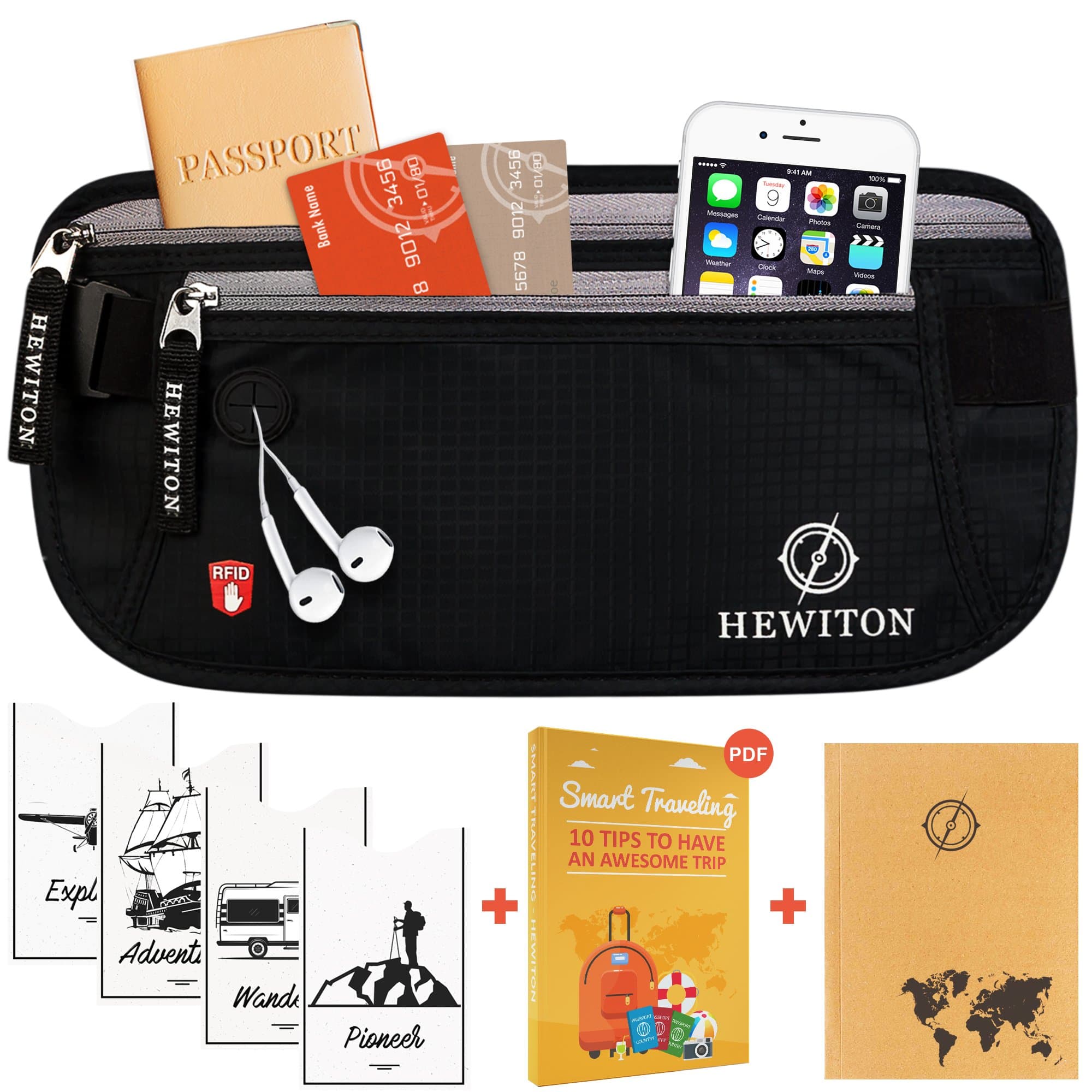 Hewiton Premium Travel Belt with Multiple Zippered RFID Protected Pockets (Bonus: 4 RFID Card Sleeves & A6 Sized Notebook)