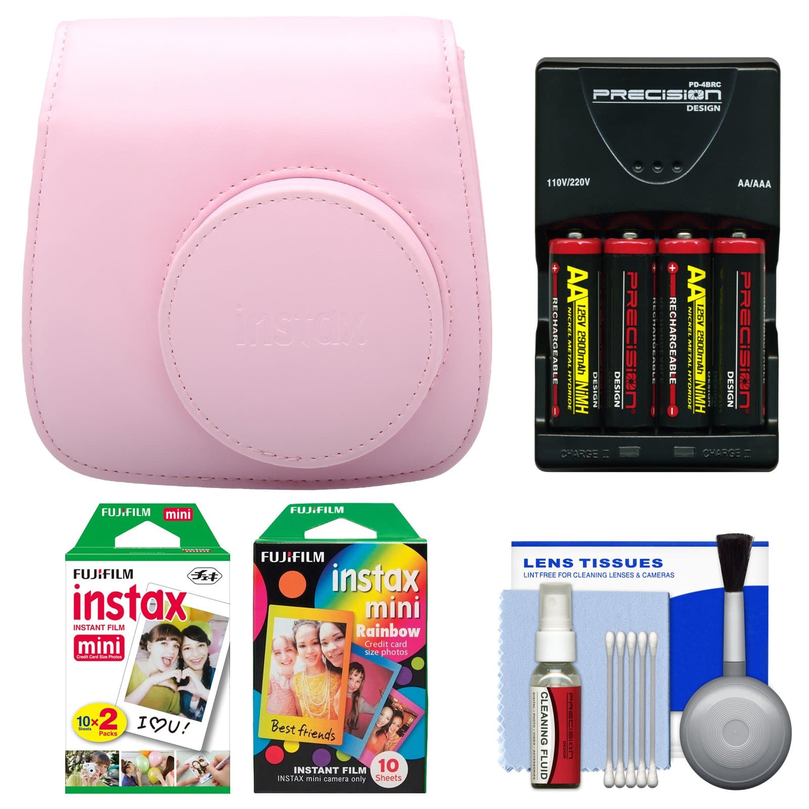 Fujifilm Groovy Camera Case for Instax Mini 8 (Pink) with 20 Twin & 10 Rainbow Prints + (4) Batteries & Charger + Accessory Kit