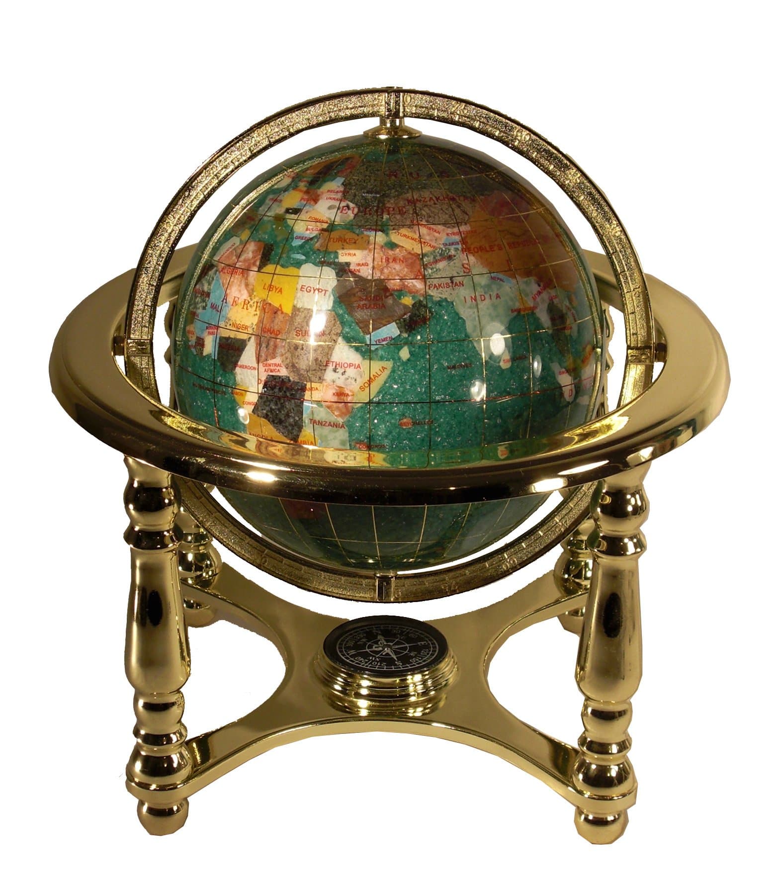 10-Inch Tall Table Top Green Crystallite Ocean Gemstone World Globe with Gold Four Leg Stand