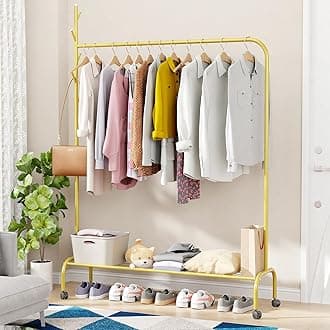 - Lukzer | MGR-007 | Gold | Heavy-Duty Single Pole Metal Garment Rack with Wheels & Bottom Shelf – Multipurpose Clothes Stand & Storage Organizer for Bedroom, Hallway, Entryway | 34 x 110 x 173 cm