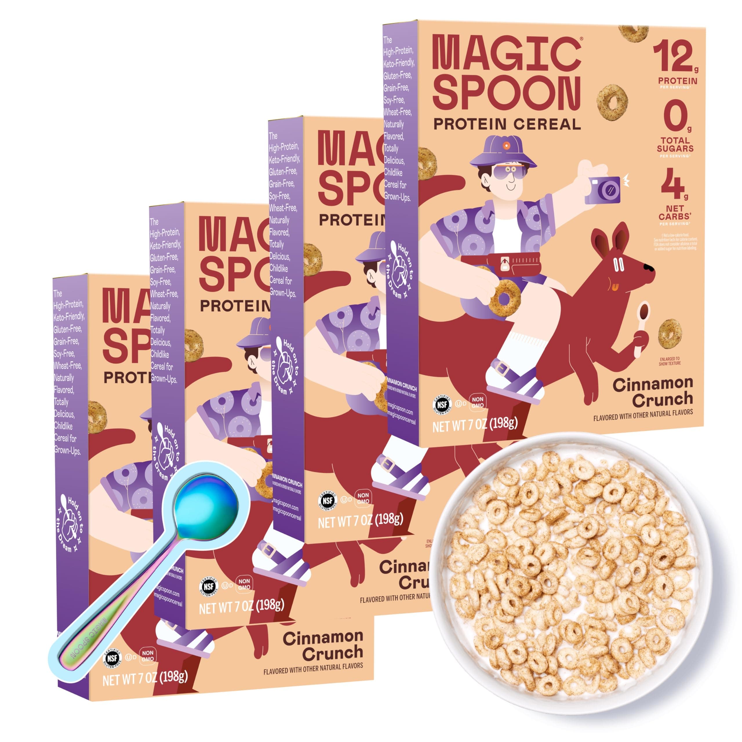 Magic Spoon Cereal - High Protein Cereals - Sugar Free Snacks & Breakfast Food - Grain & Gluten Free Cereal - Healthy Snacks for Kids & Adults - Low Carb & Keto Friendly - 4 Pack, Cinnamon Crunch
