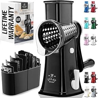 Zulay Kitchen Cheese Grater Hand Crank - Grater For Kitchen With Reinforced Suction - Rotary Cheese Grater With 5 Replaceable Stainless Steel Blades - Easy to Use & Clean - Vegetable Cutter - Black