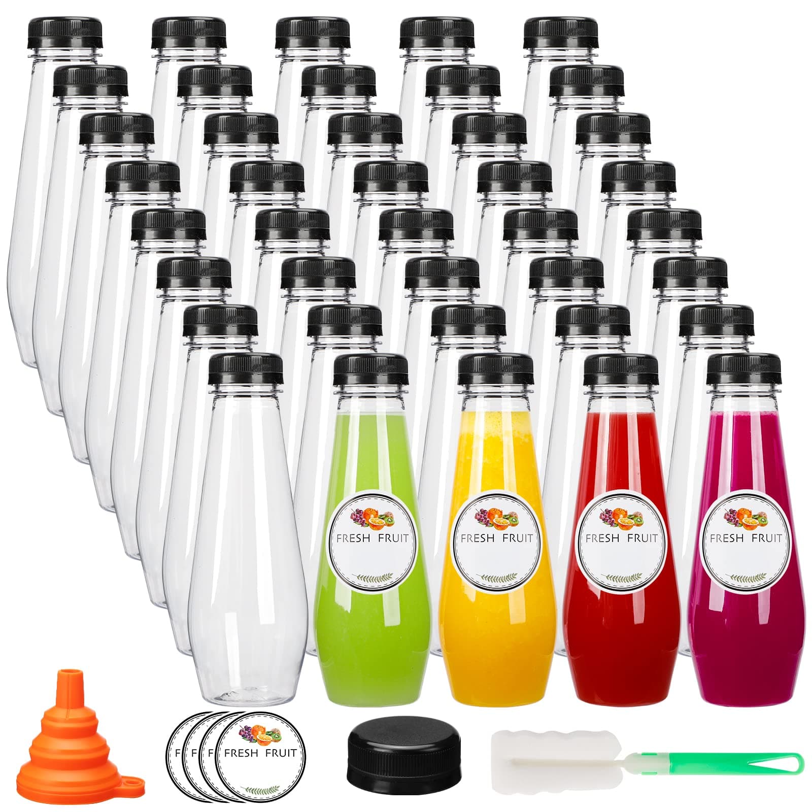 Moretoes 40pcs 12oz Juice Bottles, Empty Plastic Juicing Bottles with Caps, Cone Reusable Clear Bulk Beverage Containers for Juicing, Drinking, Milkshake, Tea and Other Beverages