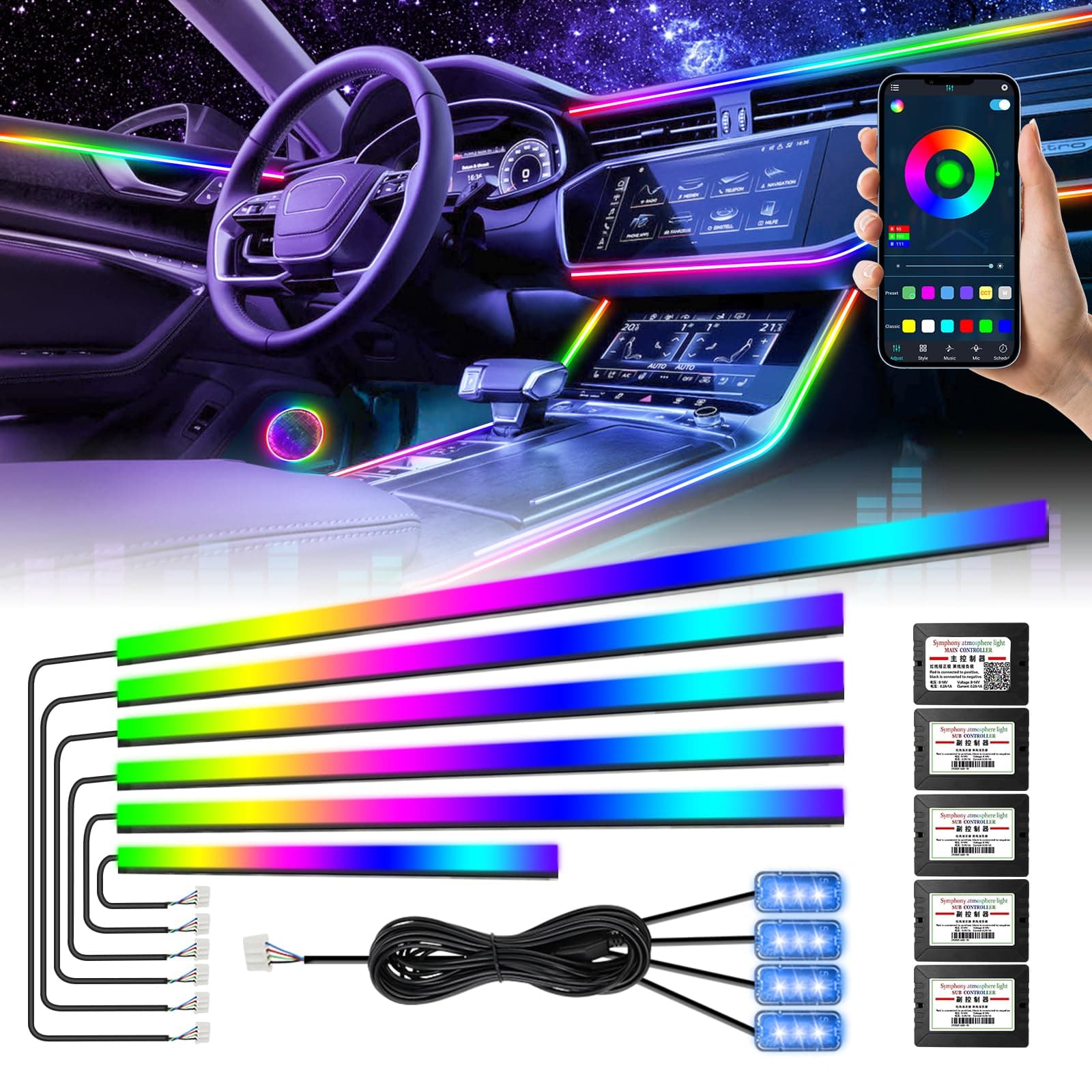AMKI Dreamcolor Acrylic Interior LED Strip Light, Neon Light with Wireless APP Control, 10 in 1 Sub-Control Ambient Light Kit Accessories with DIY and Music Mode, 16 Million Colors