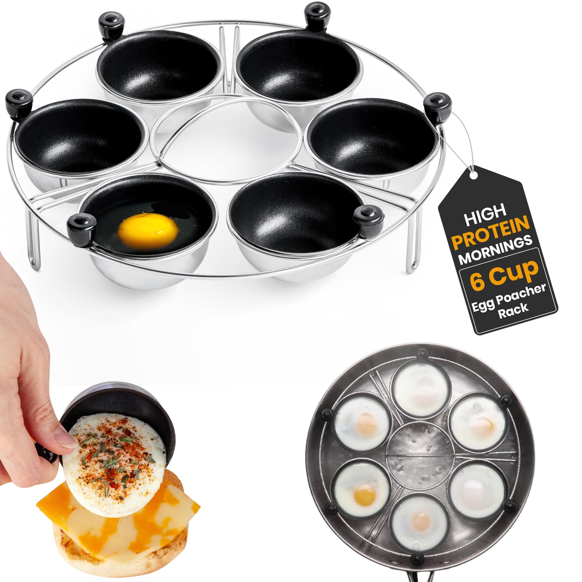 Eggssentials Egg Poacher | Stainless Steel Egg Rack | 6 Poached Egg Maker Cups PFOA Free Nonstick | 9 inch Diameter Egg Steamer Rack Fits Many sized Pans Skillets …