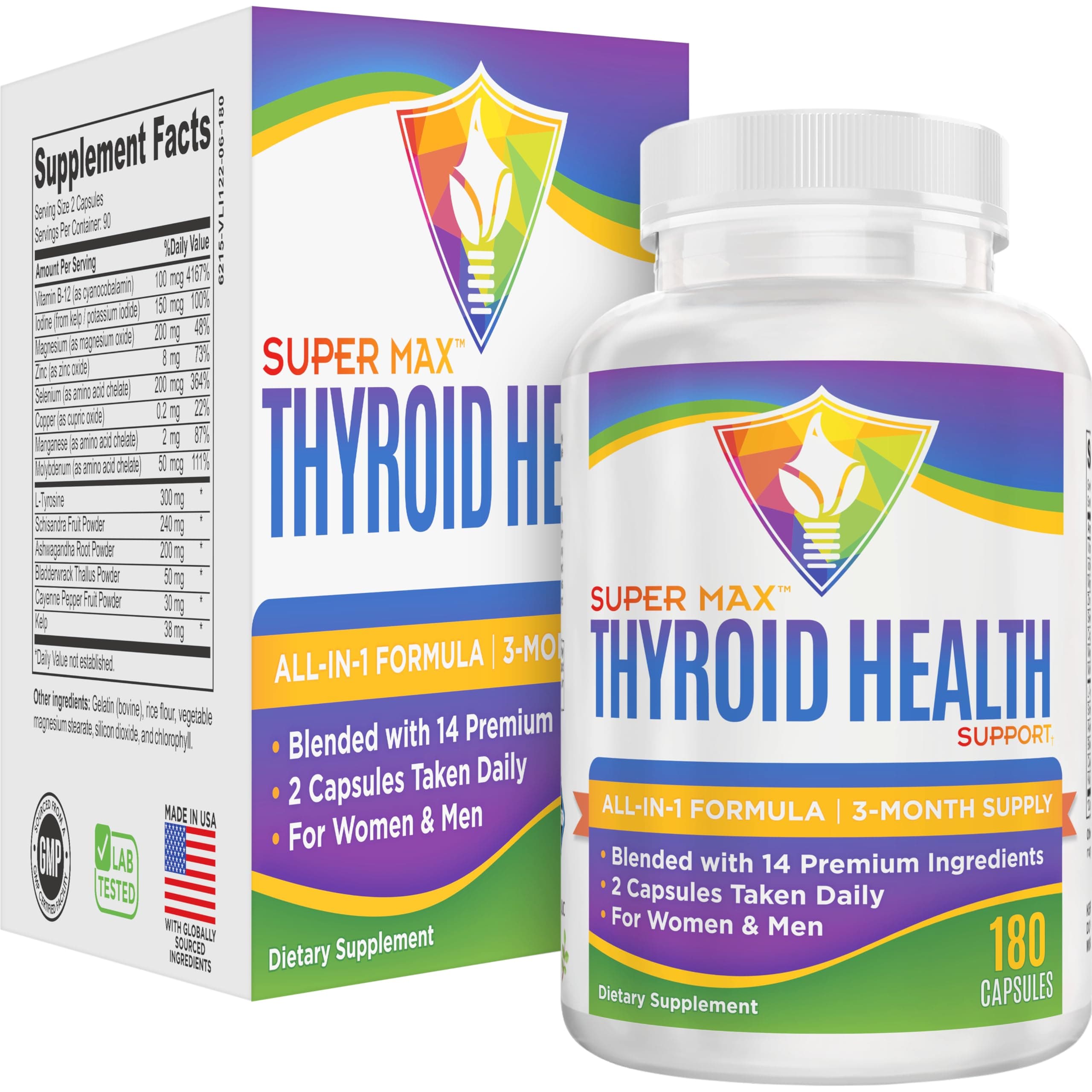Thyroid Support (3-Month) Supplement All-in-1 with 14 Active Ingredients in 1 Formula | Thyroid Health Support Supplements | Women & Men | 90-Day Bulk Supply | 180 Capsules