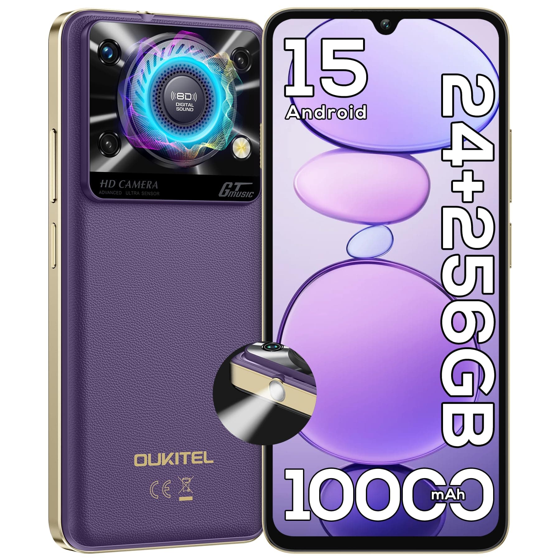 OUKITEL C60 PRO Android 15 Cell Phone Unlocked 2025-24GB+256GB/TF 1TB, 10000mAh Battery, 6.88'' Display Smartphone,110dB Speaker,120LM Flashlight, 13MP Camera, 4G Dual SIM Phones, GPS/NFC/OTG,Purple