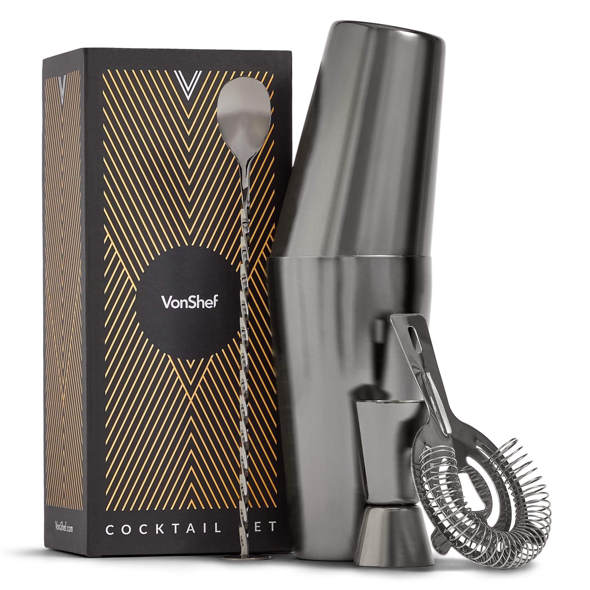 VonShefCocktail Shaker Set, Graphite 4pc Set with Boston Cocktail Shaker, Bartender Kit with Strainer, Muddler, Jigger & More, Gift Box Included