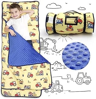 ACRABROS Toddler Nap Mat with Pillow and Blanket, Extra Large Rolled Napping Mats,Slumber Bags for Boys Girls,Kids Sleeping Bag for Daycare, Preschool Travel Camping,Construction Vehicle
