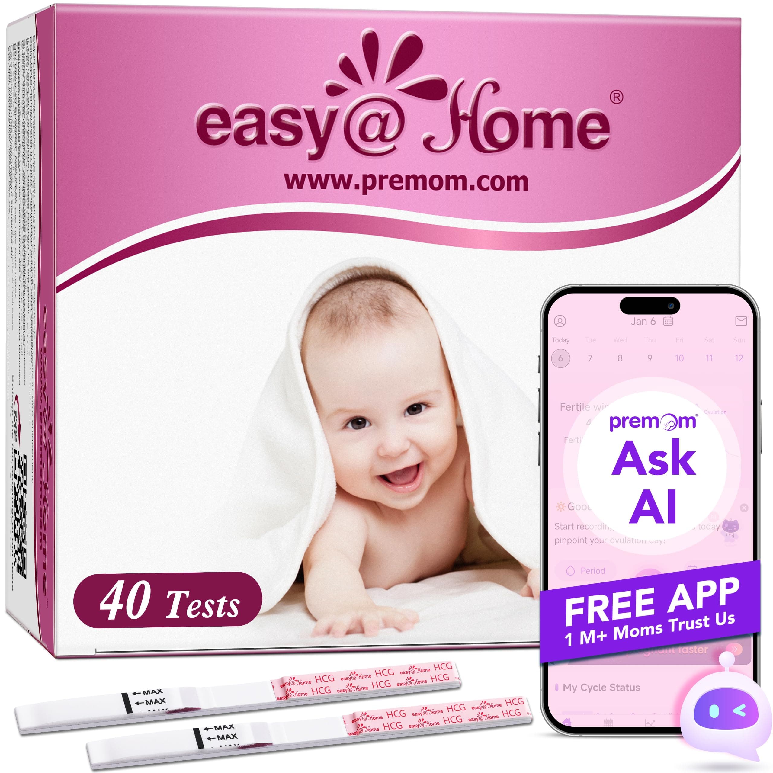 Pregnancy Test Strips Early Detection: Easy@Home 40 x HCG Strips 10mIU/mL, Accurate Early Pregnancy Tests, Sensitive HCG Pregnancy Test Strips with Smart APP, Home Fertility Testing Kit 40 Packs