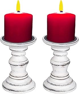 Candle Holder,Wood Candle Holder,White Wooden Candle Holder,Candle Holders,Farmhouse Candle Holder,Candle Holder Set of 2,Wood Pillar Candle Holder,Height 5.5 inch Set of 2, White Antique