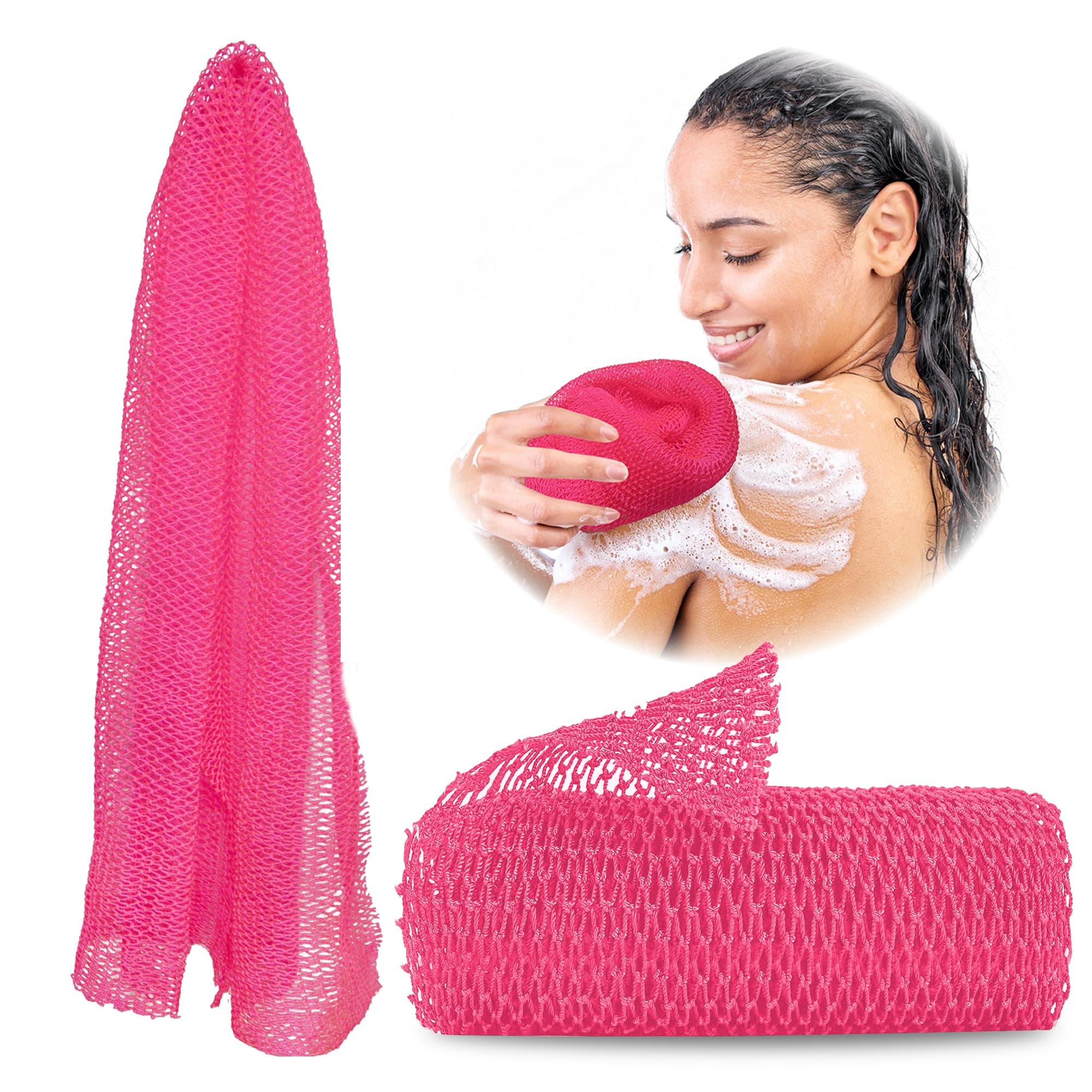 Adeton African Exfoliating Net Sponge, Authentic, Real, Body Scrubber, Long Bath Wash Cloth, Body Exfoliator, Sapo, Shower Accessories, Back Foot Scalp Scrub, Flat Dead Skin Remover Body Wash (Pink)