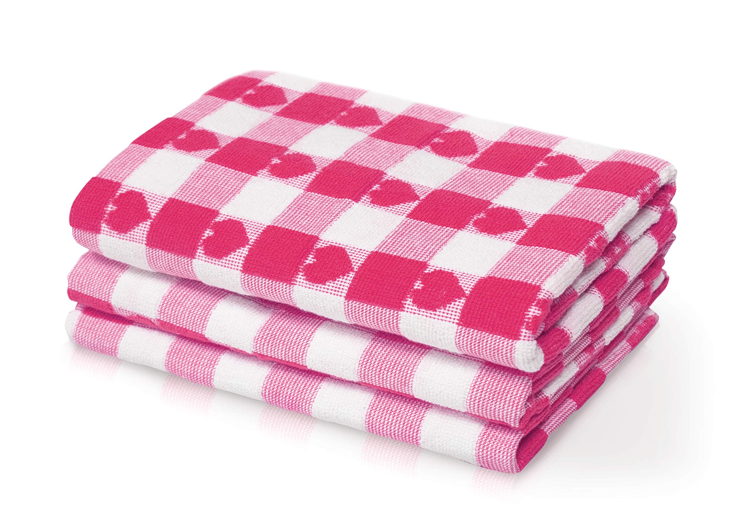 Kitchen Trends Woven Tea Towels 3pk Large 50 x 70cms Super Absorbent Hearts 100% Cotton (Pink)