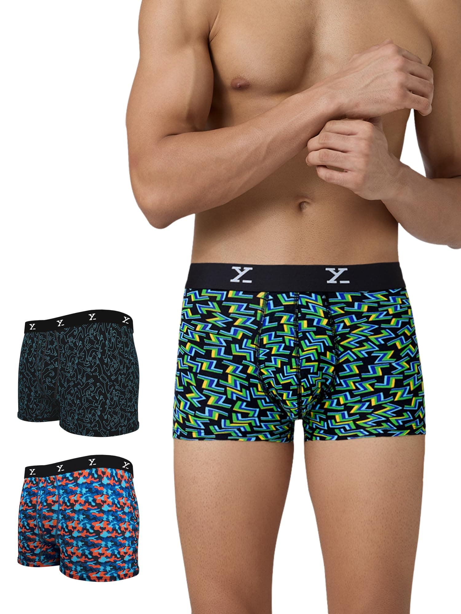 Men's Shuffle Micromodal Regular Fit Printed Antimicrobial Trunks with No Marks Waistband (Pack of 3)