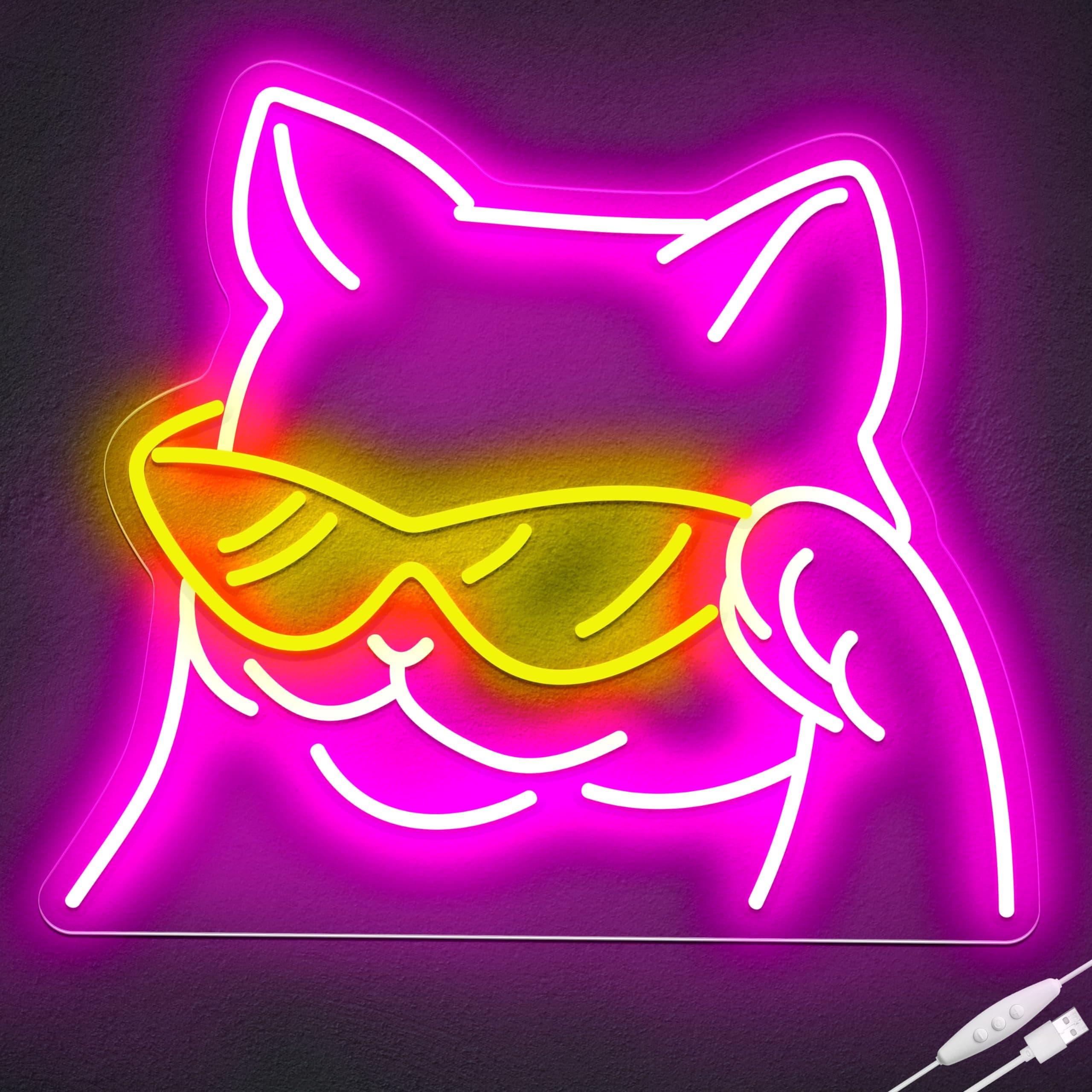 Cool Cat Neon Sign for Wall Decor, Smiling Cat with Glasses LED Neon Light Sign USB Powered with Dimmable Switch, Cat Neon Light for Room Decor