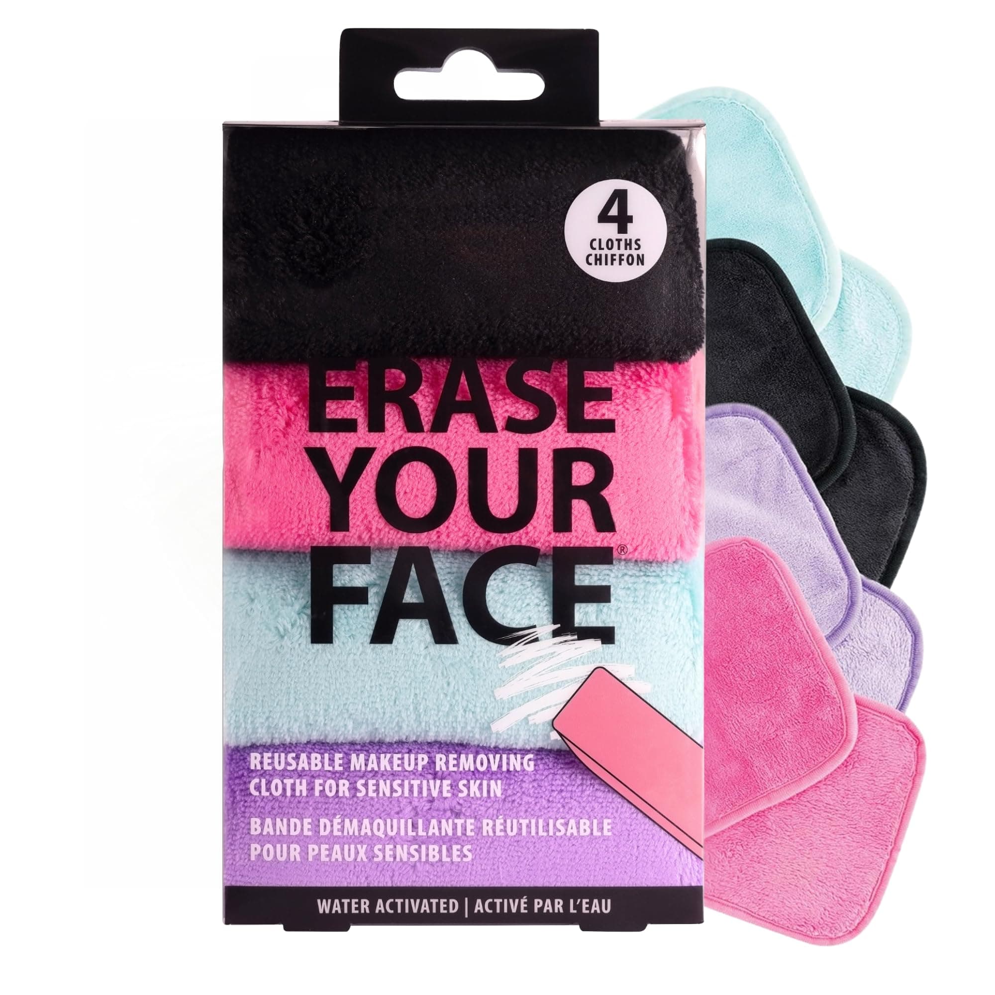 ERASE YOUR FACE Reusable Makeup Remover Cloths - Microfiber Face Towels to Cleanse & Remove Makeup - Water Activated for Sensitive Skin - Multi-Color (4 Count)