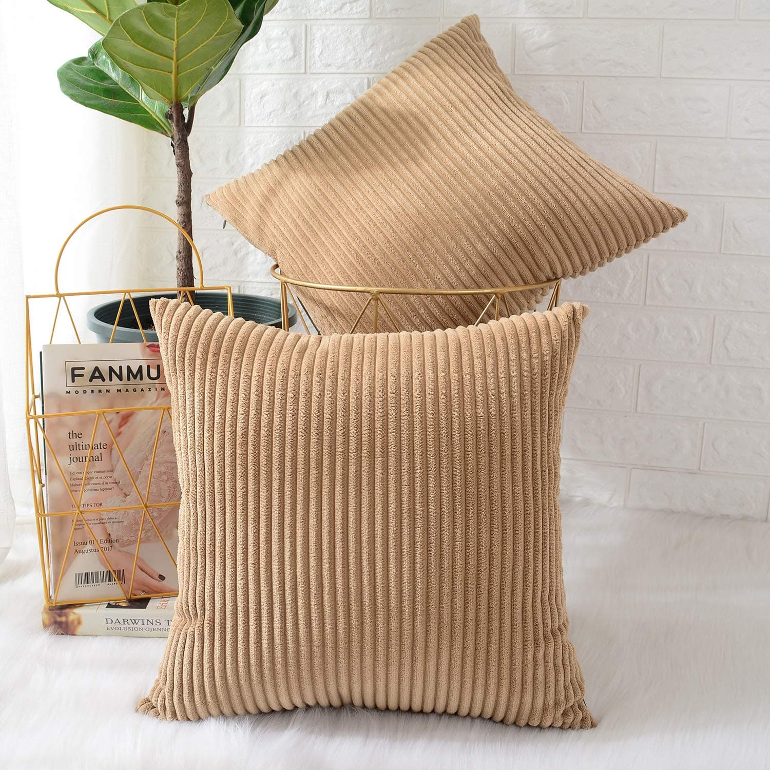 MERNETTE Pack of 2, Corduroy Soft Decorative Square Throw Pillow Cover Cushion Covers Pillowcase, Home Decor Decorations for Sofa Couch Bed Chair 18x18 Inch/45x45 cm (Striped Light Brown)