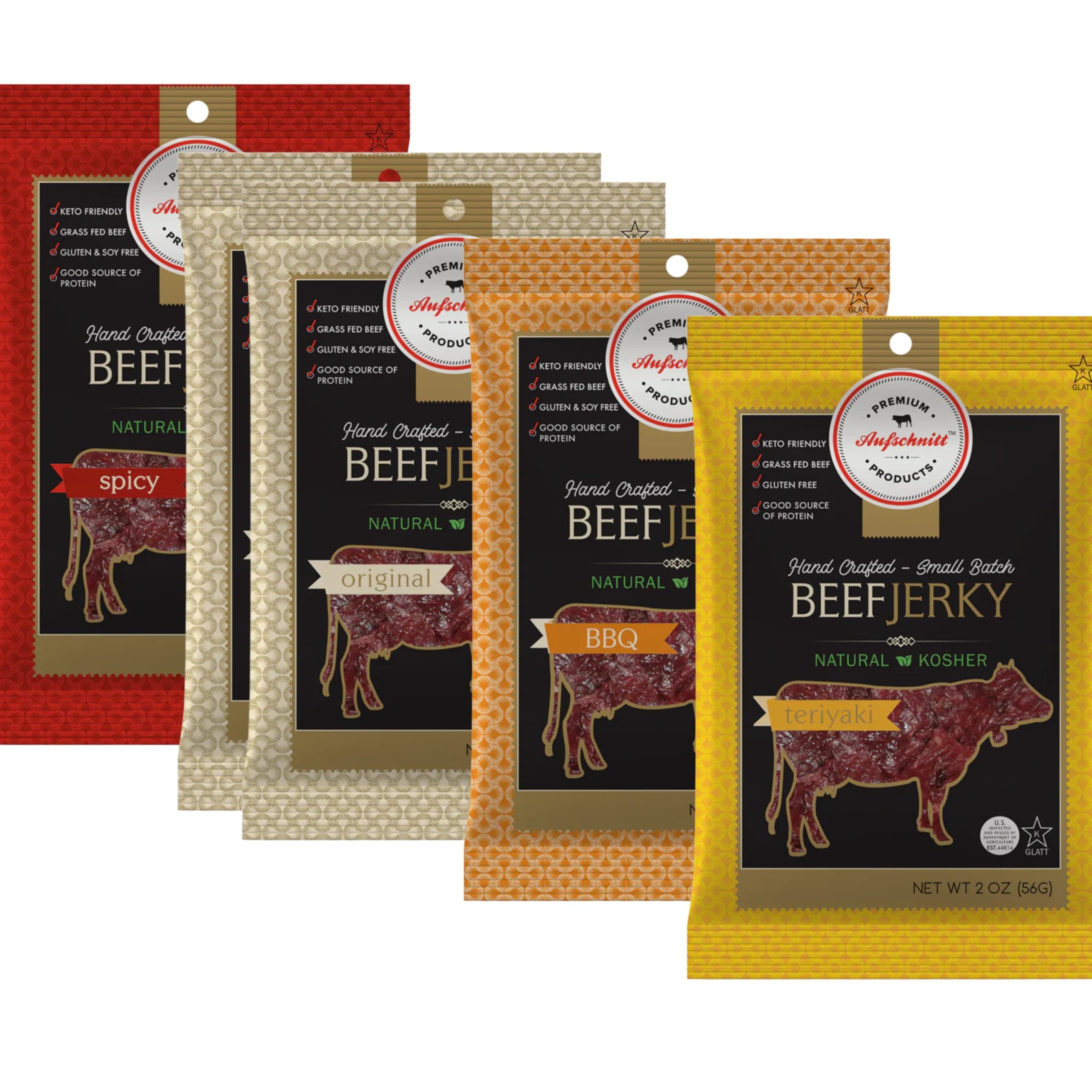 Premium Aufschnitt Products Grass Fed Beef Jerky - Low Sodium, Certified Kosher - Halal and Keto Friendly - 5 Pack, Variety Pack