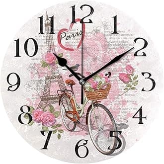 ALAZA Modern Wall Clock Non-Ticking Kitchen Clock Paris Eiffel Tower Bicycle Decorative Round Clocks 9.5 in Battery Operated Quartz Analog Desk Clock Living Room Bathroom Garden Home Decor