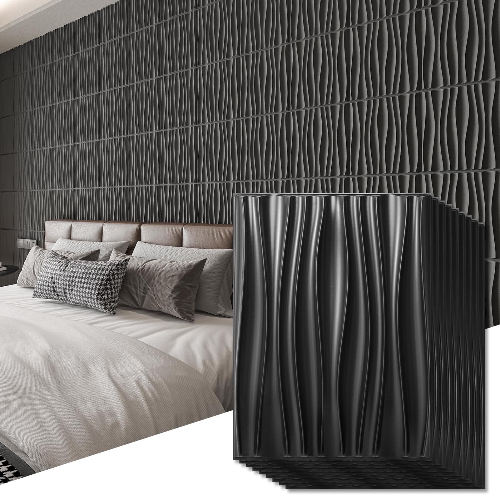 24-Pack 3D Wall Panels for Interior Home Décor, PVC Wavy Textured Accent Wall Paneling for Living Room Bedroom TV Backdrop Office, 15.7 x 11.8 Inch - Black