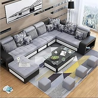 U-Shape Sectional Sofa Set for Living Room | 10-Seater Large Fabric Sofa with Tea Table & 4 Puffy | Spacious Seating Capacity 14 Persons | Premium Comfort | Pre-Assembled