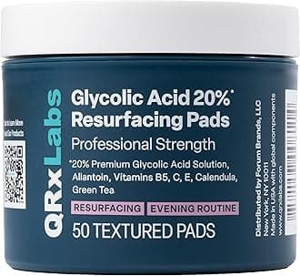 QRxLabs Glycolic Acid 20% Resurfacing Pads with Vitamins B5, C & E, Green Tea, Calendula, Allantoin - Exfoliates Surface Skin and Reduces Fine Lines and Wrinkles