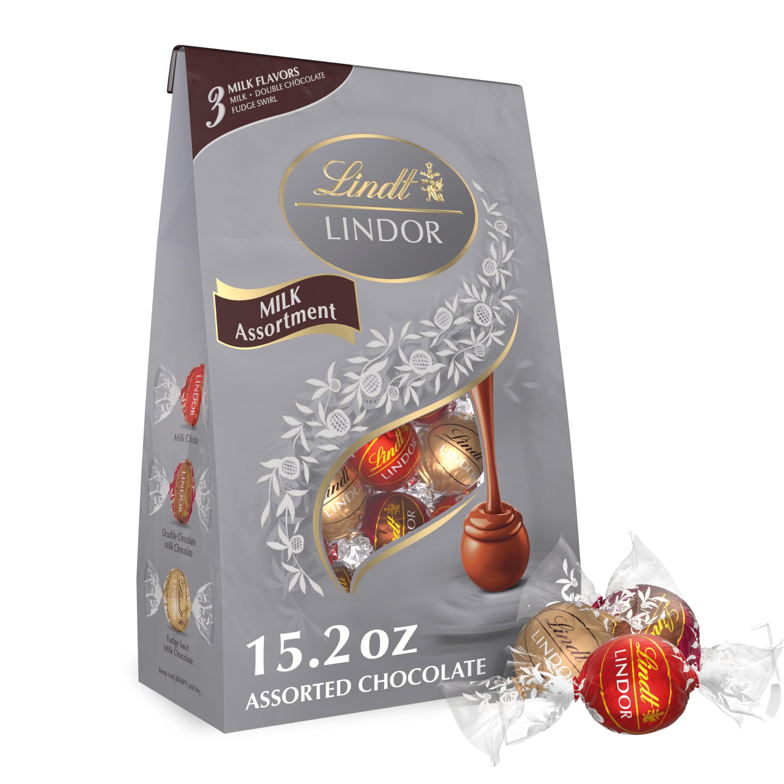 LINDOR Milk Assorted Chocolate Candy Truffles, Chocolate Candy with Smooth, Melting Truffle Center, 15.2 oz. Bag