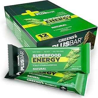 Greens+ Plusbar Energy, Natural, Gluten-Free Snack with Super Greens, Superfoods & Almond Butter, Vegan, Dairy-Free, Non-GMO, 10g Protein Meal Replacement, 12 Pack