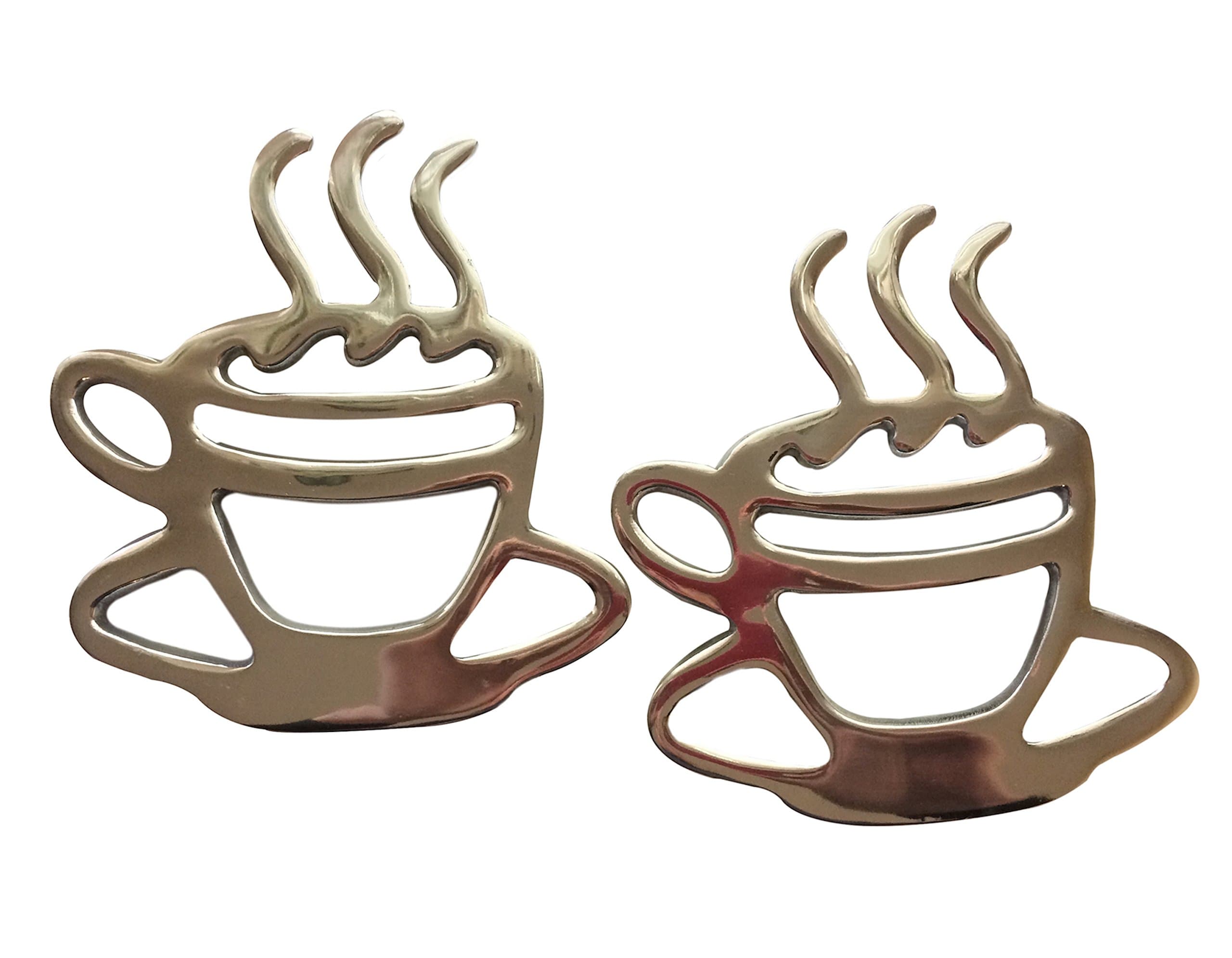 Set of (2) Trivets Hot Pot Holder or Decorative Display Coffee Cup Design Made out of polished aluminum with a silver finish 6.5” x 6.5”