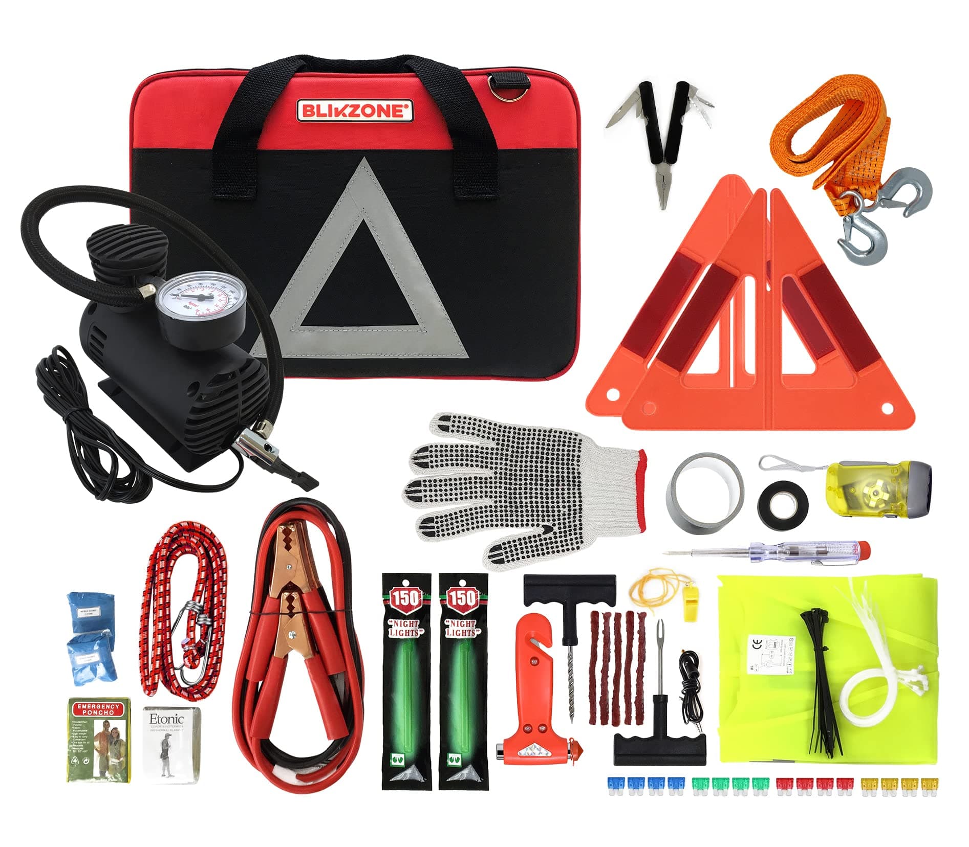 BLIKZONE Roadside Emergency car kit Classic. 81 Pc Emergency car kit: Portable Air Compressor, Jumper Cables, Tire Repair Kit and All The Essential Tools, car Accessories and Stuff to Drive Safe