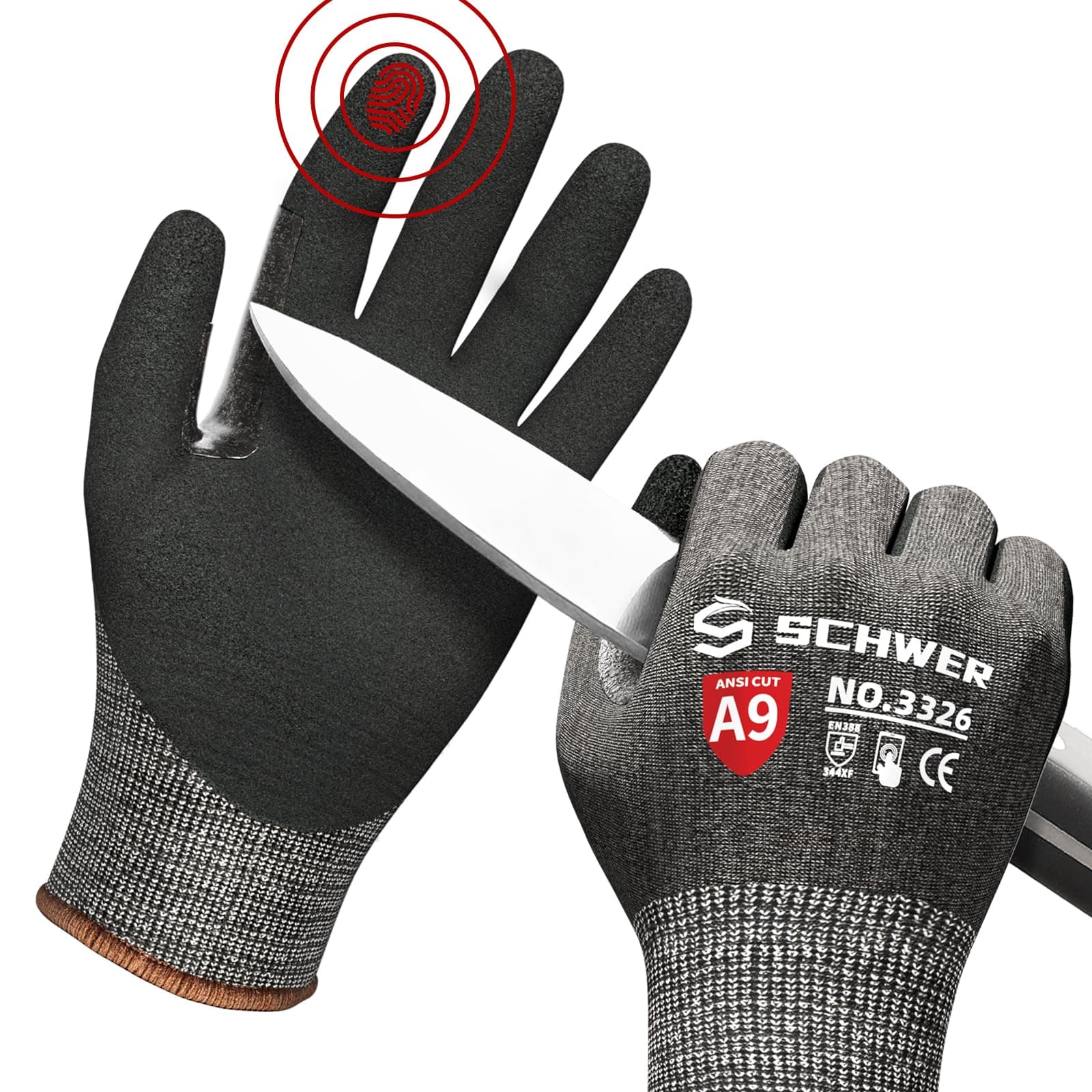 Schwer ProGuard High Level Cut Resistant Work Gloves PR3326 for Extreme Protection，ANSI A9 Cut Gloves with Reinforced Thumb, Non Slip, Durable, Touch-screen, Black 1 Pair（XXL）