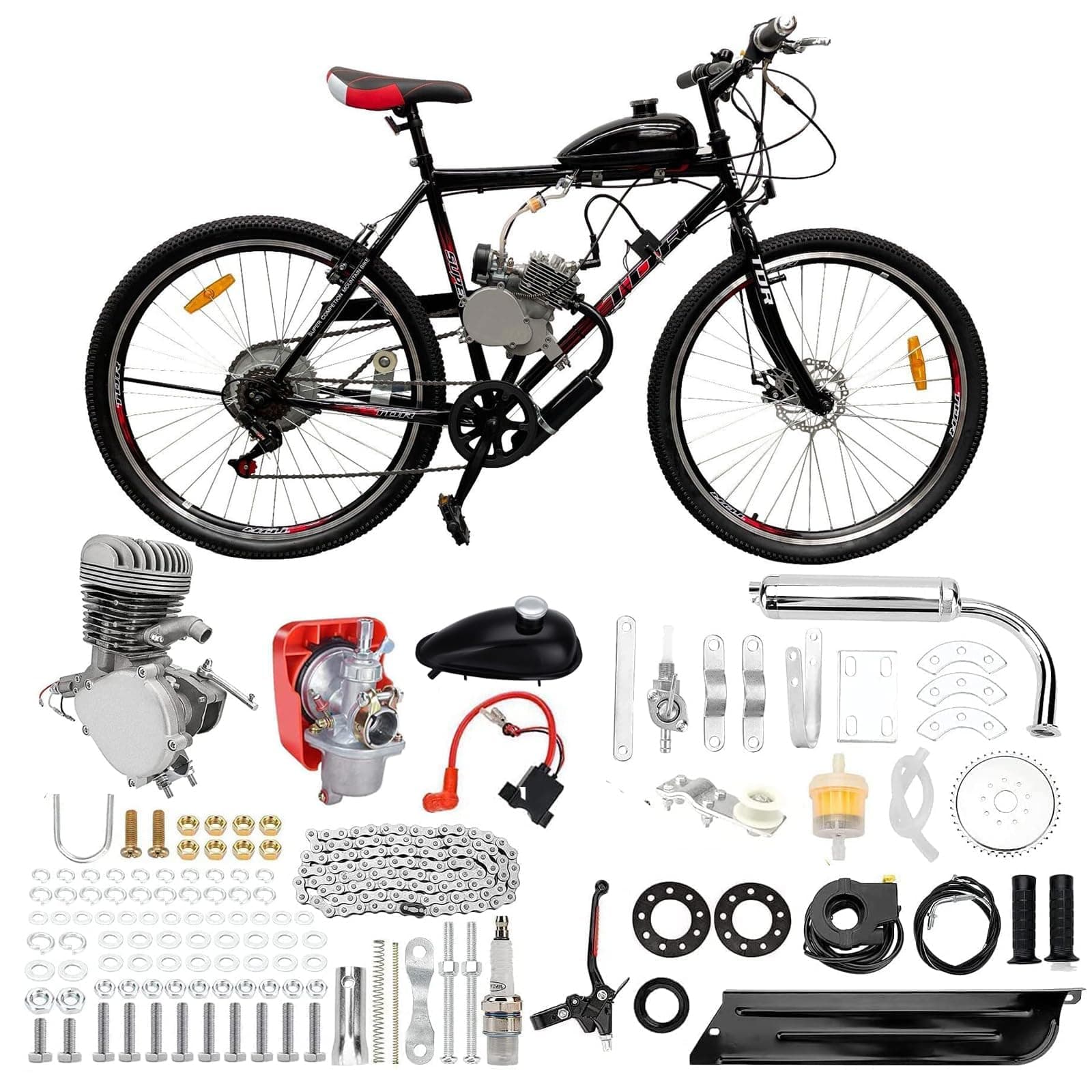 100cc Bicycle Engine Kit 2 Stroke Petrol Gas Engine Kit Bike Motor Kit Petrol Bicycle Motor Conversion Complete Suitable for Most 26" /28" Bikes Bicycle Scooter (36 Tooth)