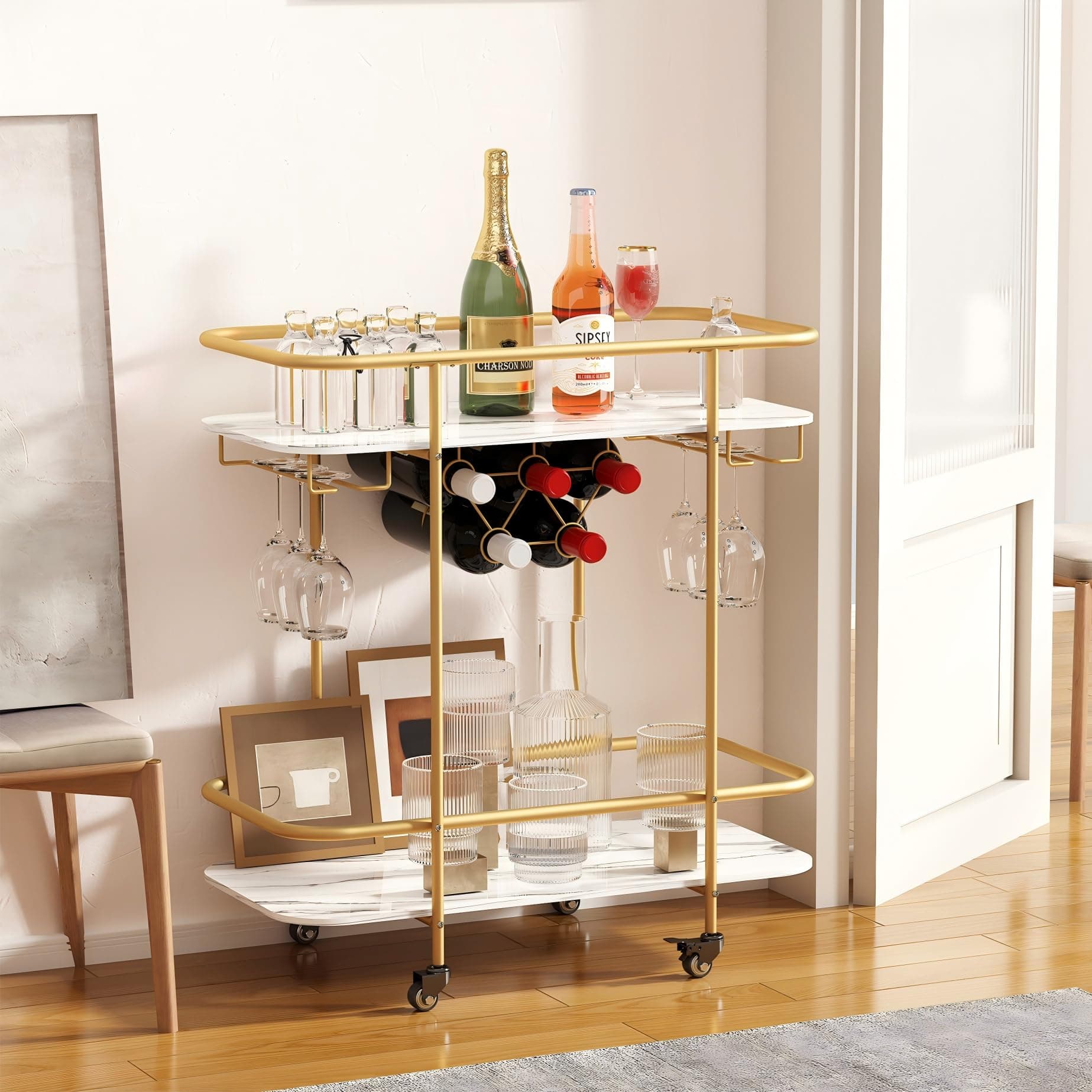 2 Tier Mobile Beverages Trolley Bar Serving Cart on Wheels with Wine Rack and Glass Holder Modern Rolling Beverages Storage Trolley for Home Kitchen Party (Gold)