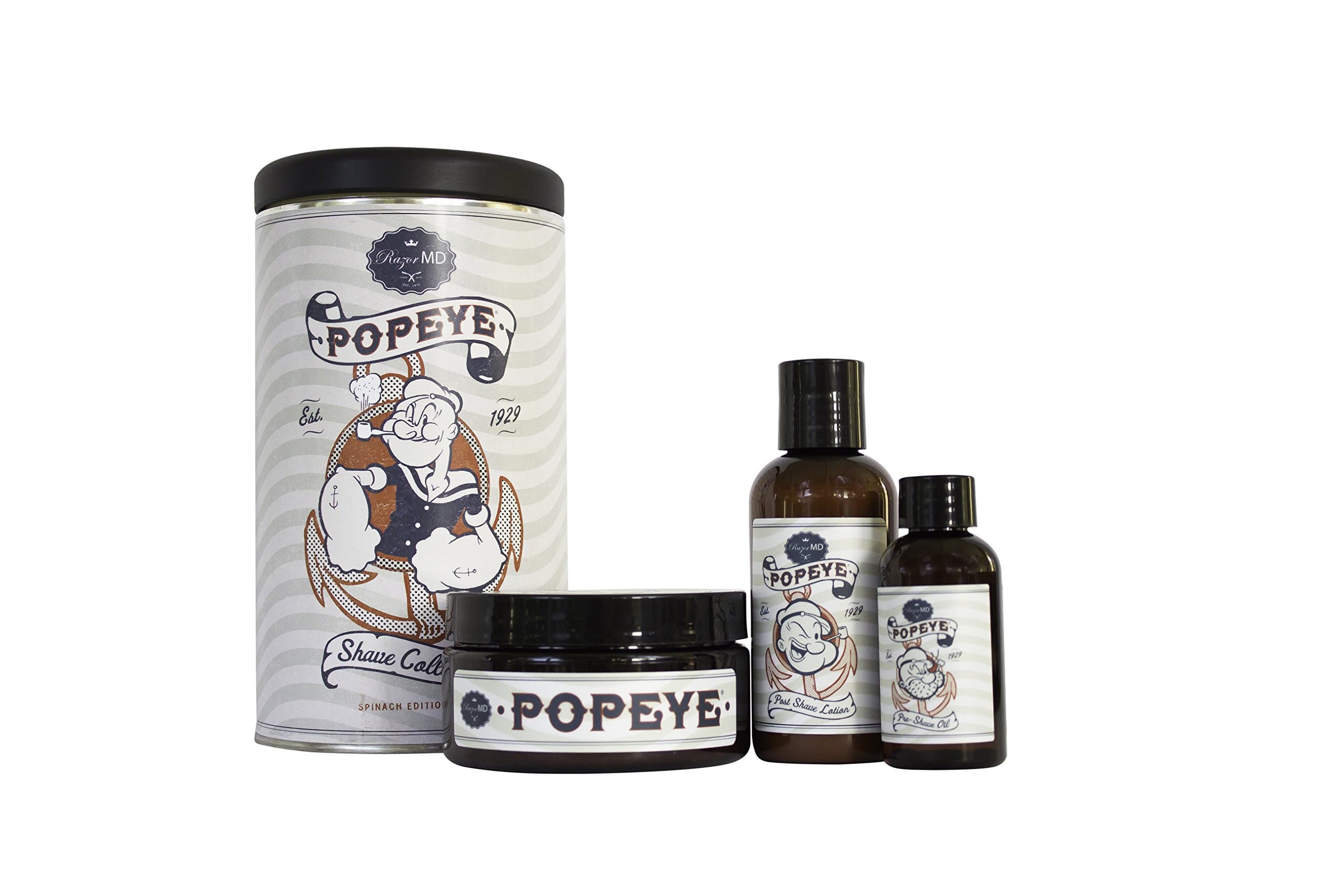 Popeye Shaving Co. 3 Piece Shaving Gift Set for Men - Includes Pre-Shave Oil, Shaving Cream, Post Shave Lotion in a Collectors Tin