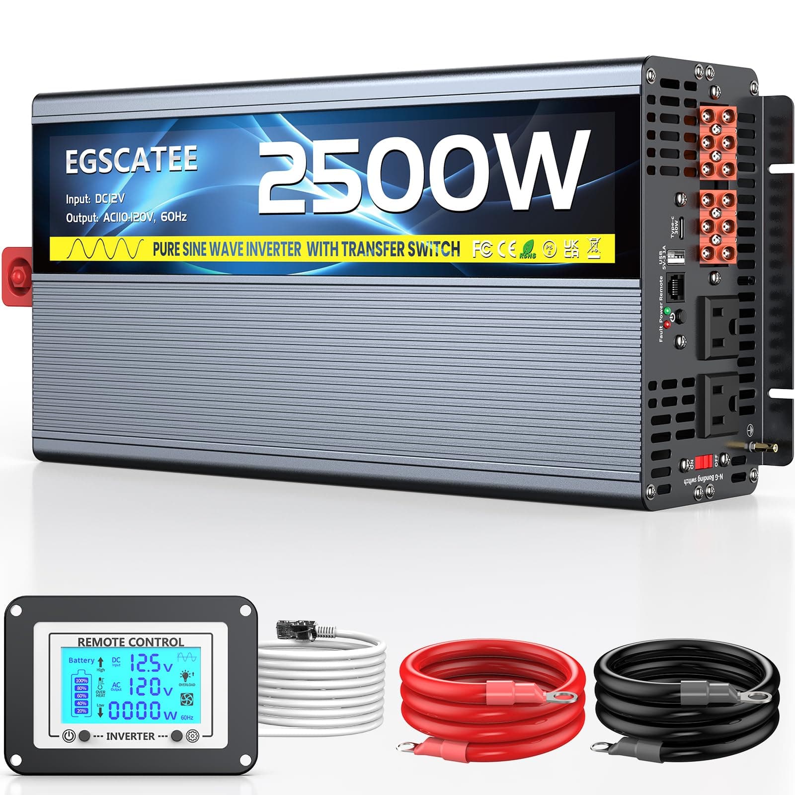 2500W Pure Sine Wave Inverter with Transfer Switch, 12V DC to 120V AC Converter with 2AC Outlets, USB Port, Type-C Port, Remote Controller, Power Inverter for RV, Outdoor, Auto Swtich to Shore Power