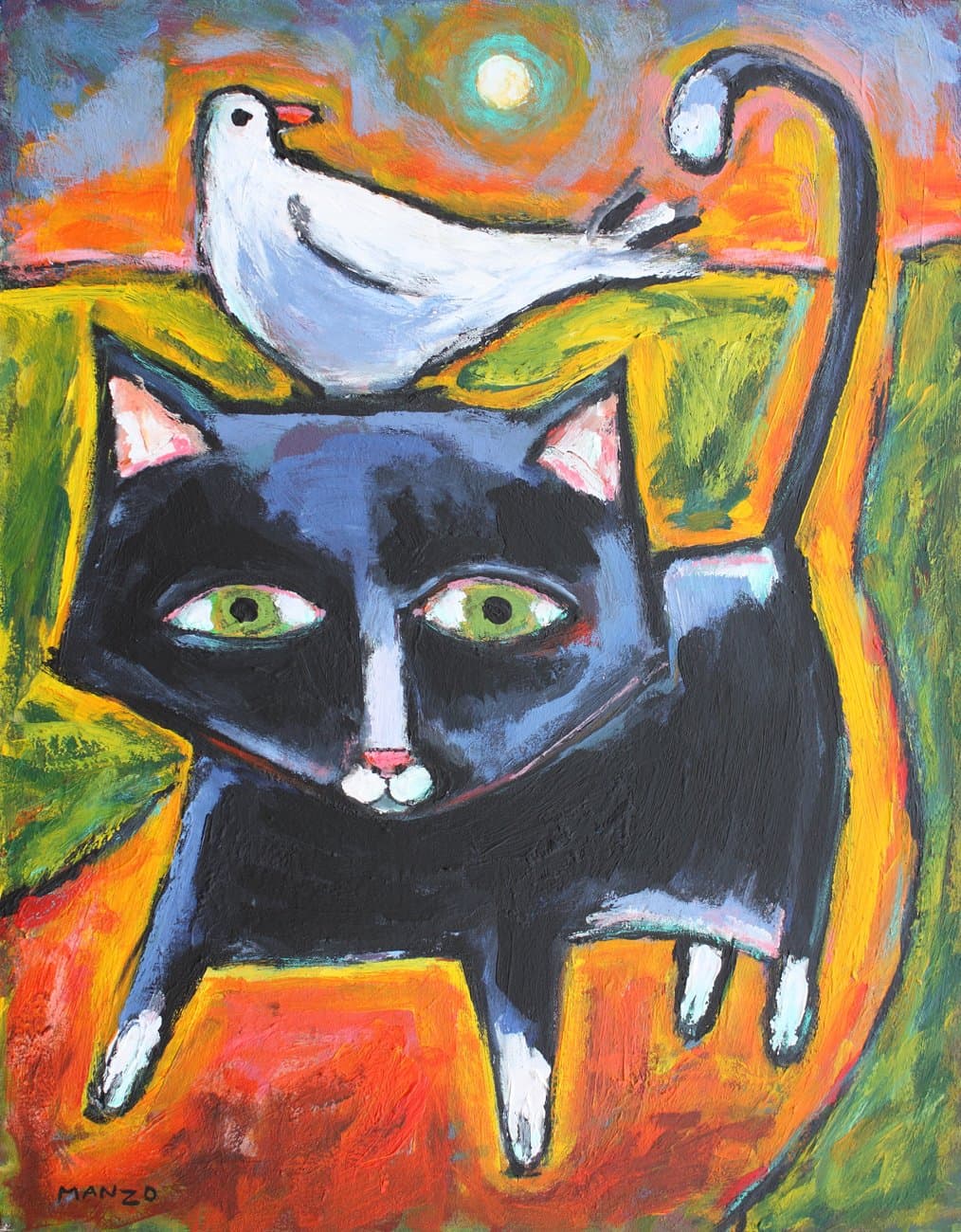 Style ARThouse Road Trip Is a Giclee Print from Acrylic Painting, a Confident Cat with a Bird on His Head, 14 X 18 Inches