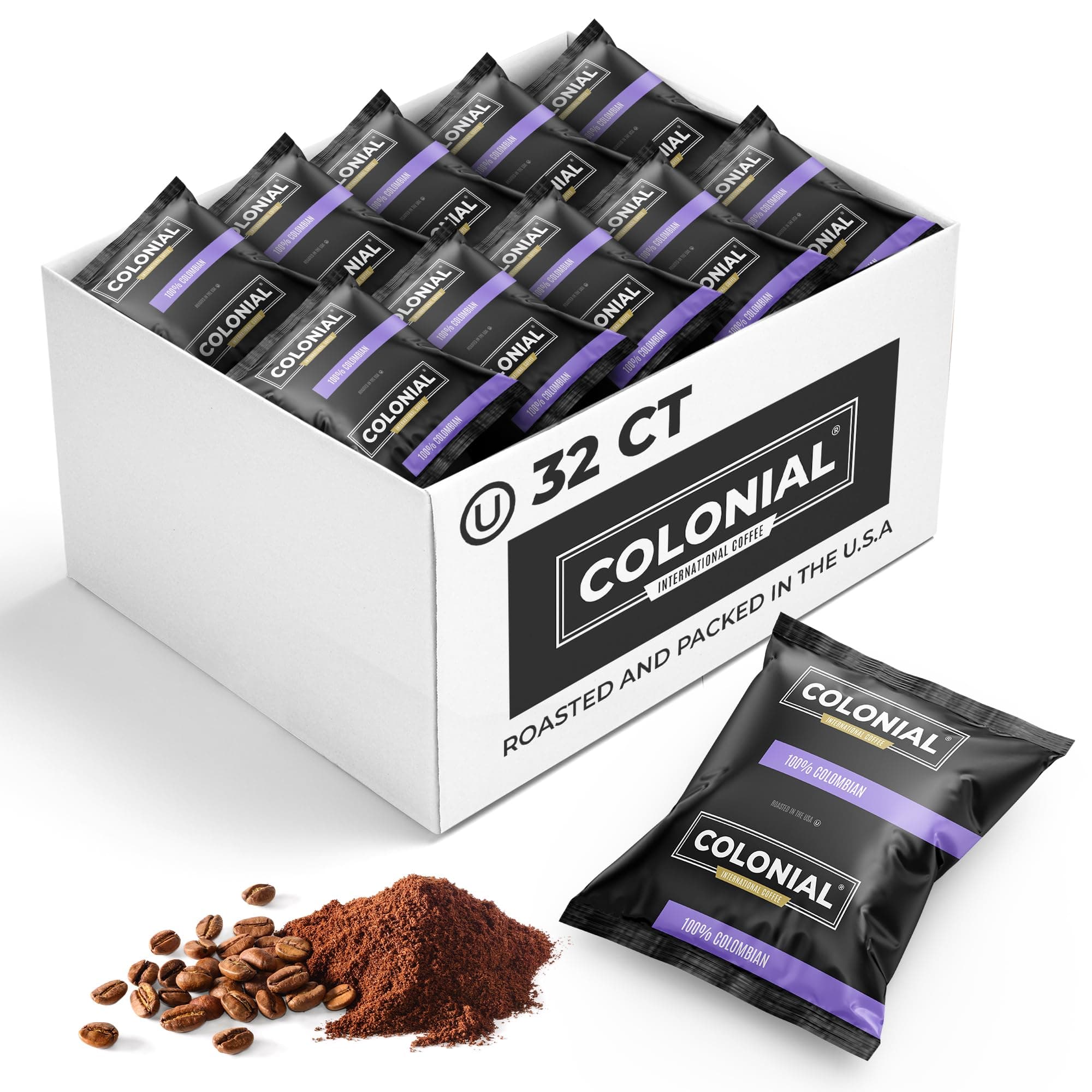 Colonial Coffee 32 Count Single Pot Coffee Packets – 100% Arabica Colombian Medium Roast | Pre-Measured Frac Packs for 12 Cup Maker | Bulk Ground Gourmet Coffee for Home & Office